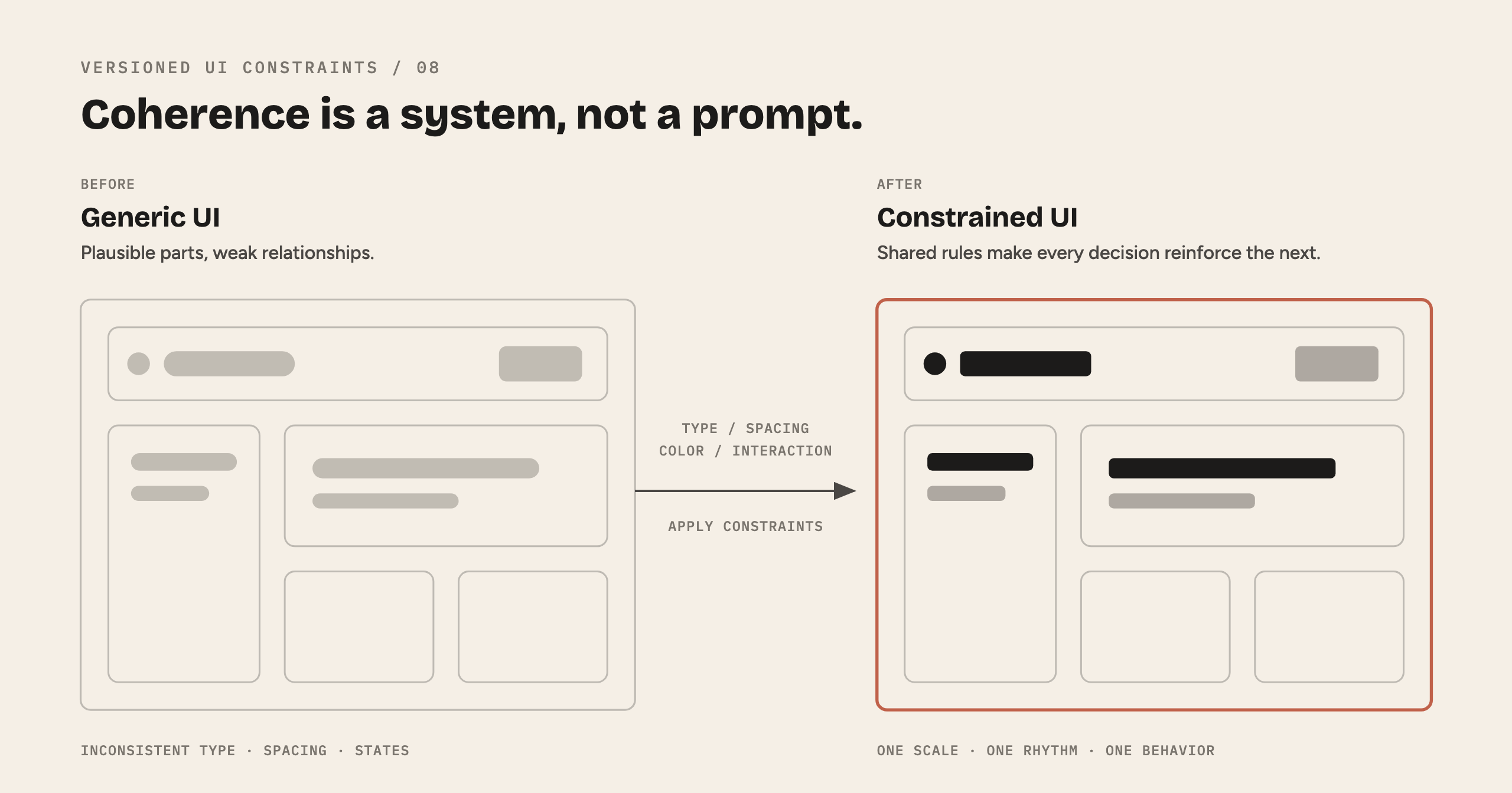 Generic agent UI contrasted with UI generated from version-controlled design constraints