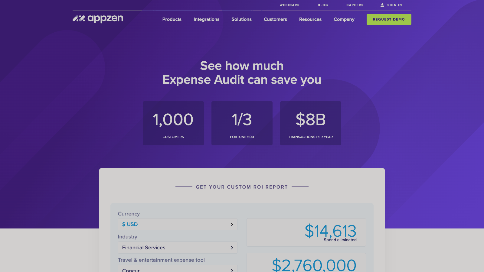AppZen Expense Audit ROI calculator interface featuring interactive input sliders and dynamic annual savings calculation output cards.