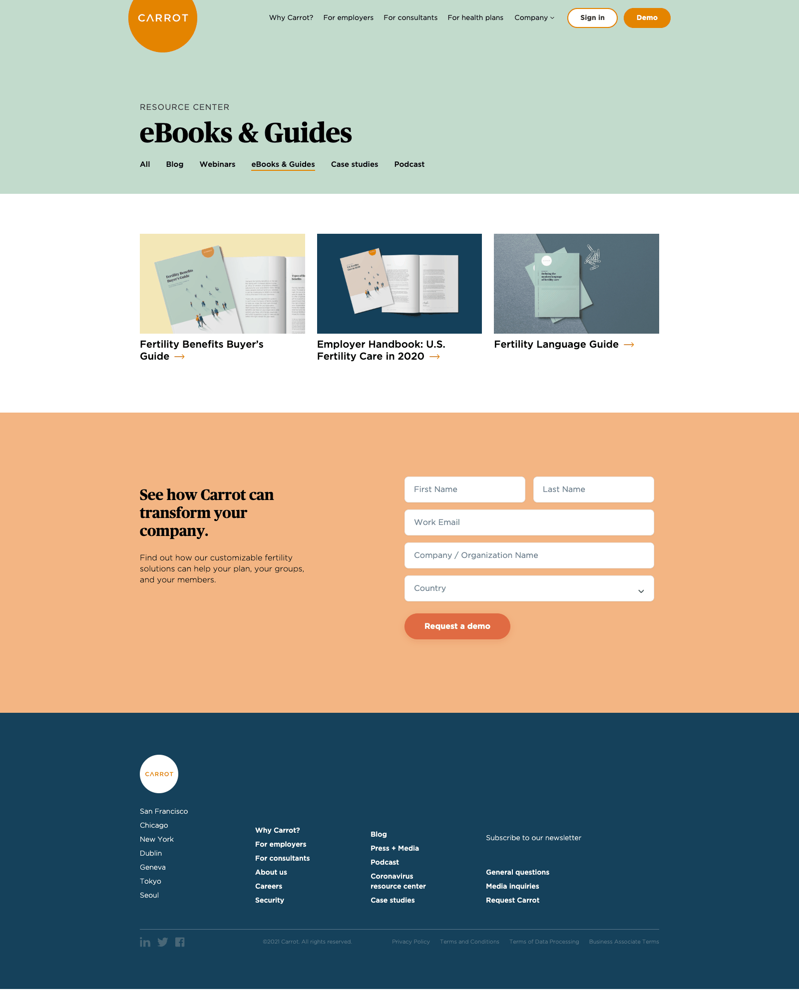 Archived screenshot of the Carrot eBooks & Guides collection page from August 2021: the sage-green hero with the intact Carrot brand mark, active collection filter, and three-column grid of publication report cards.
