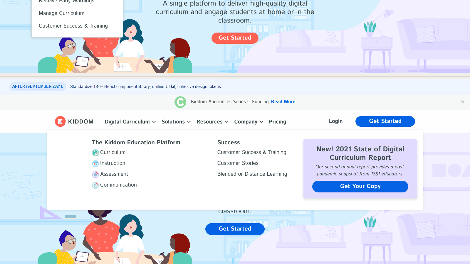 Kiddom component library navigation showing standardized React mega-menu with complete category icons, Customer Stories module, and UI kit tokens.
