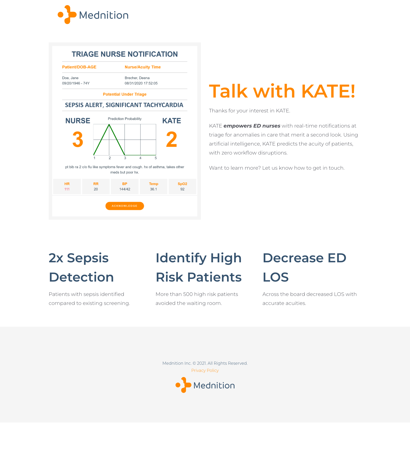 Archived screenshot of Mednition's KATE clinical triage landing page rendered at native 1600px desktop resolution: clinical AI triage nurse notification card, headline, and three quantitative outcome metrics.