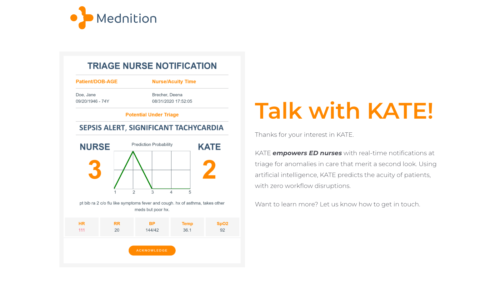 KATE clinical triage landing page hero featuring Talk with KATE headline, bedside clinical nurse alert notification card, and quantitative outcome metrics.