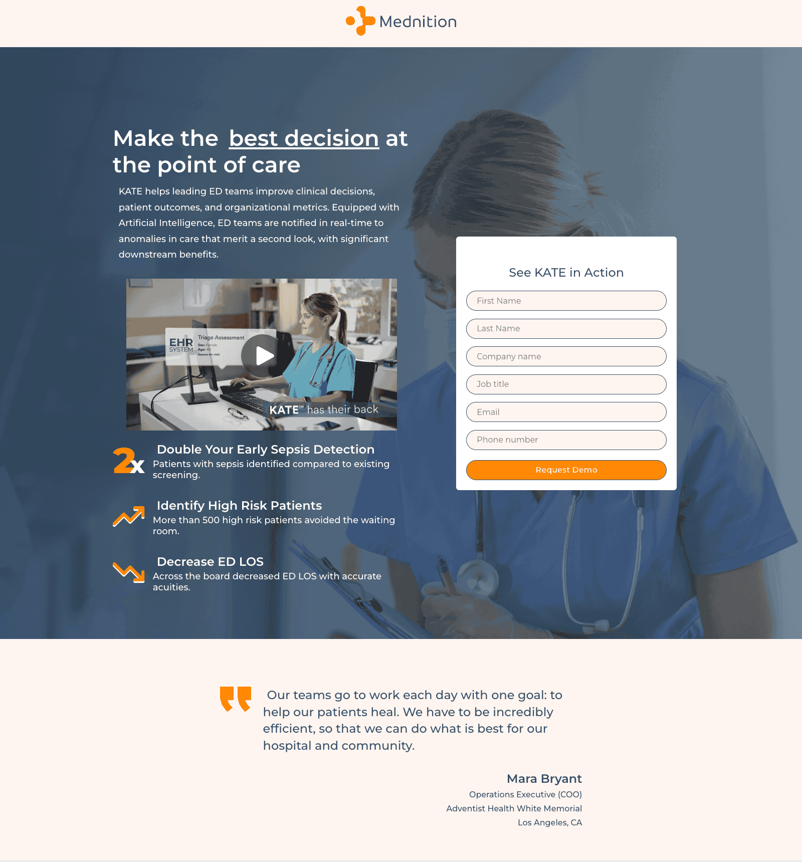 Clinical AI platform architecture overview on Mednition's insights subdomain: modular clinical capability blocks for sepsis detection and emergency department length-of-stay reduction, alongside a consultation inquiry card and clinical leadership endorsement.