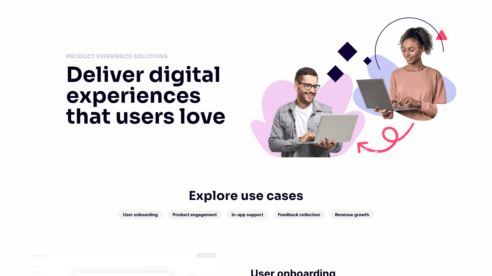 Pendo product experience hub header with navigation bar, headline, and five pill tabs for use-case exploration alongside product interface preview.