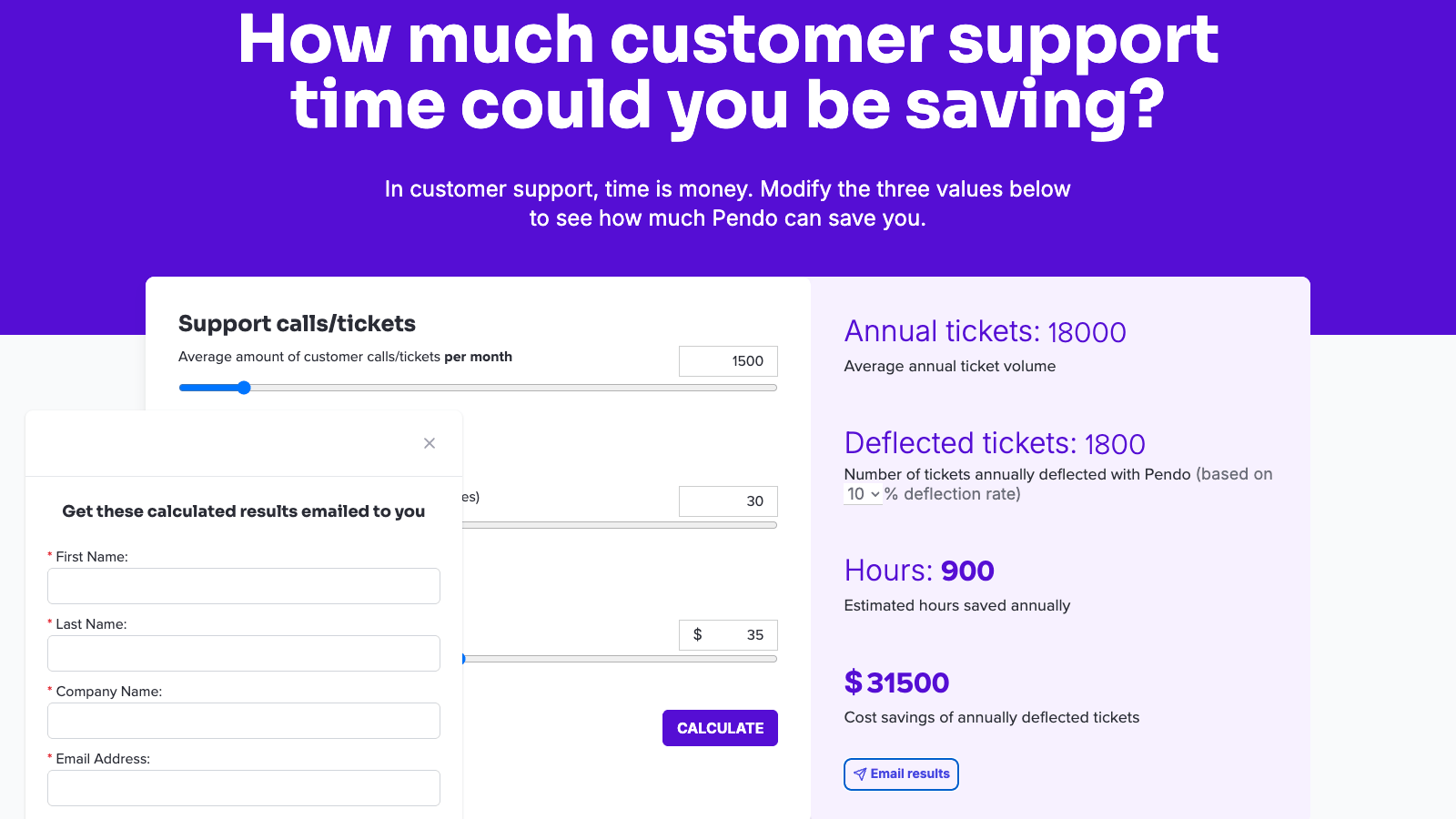 Customer Support ROI calculator header with centered hero banner, deflection calculator controls, and dynamic annual savings output cards.