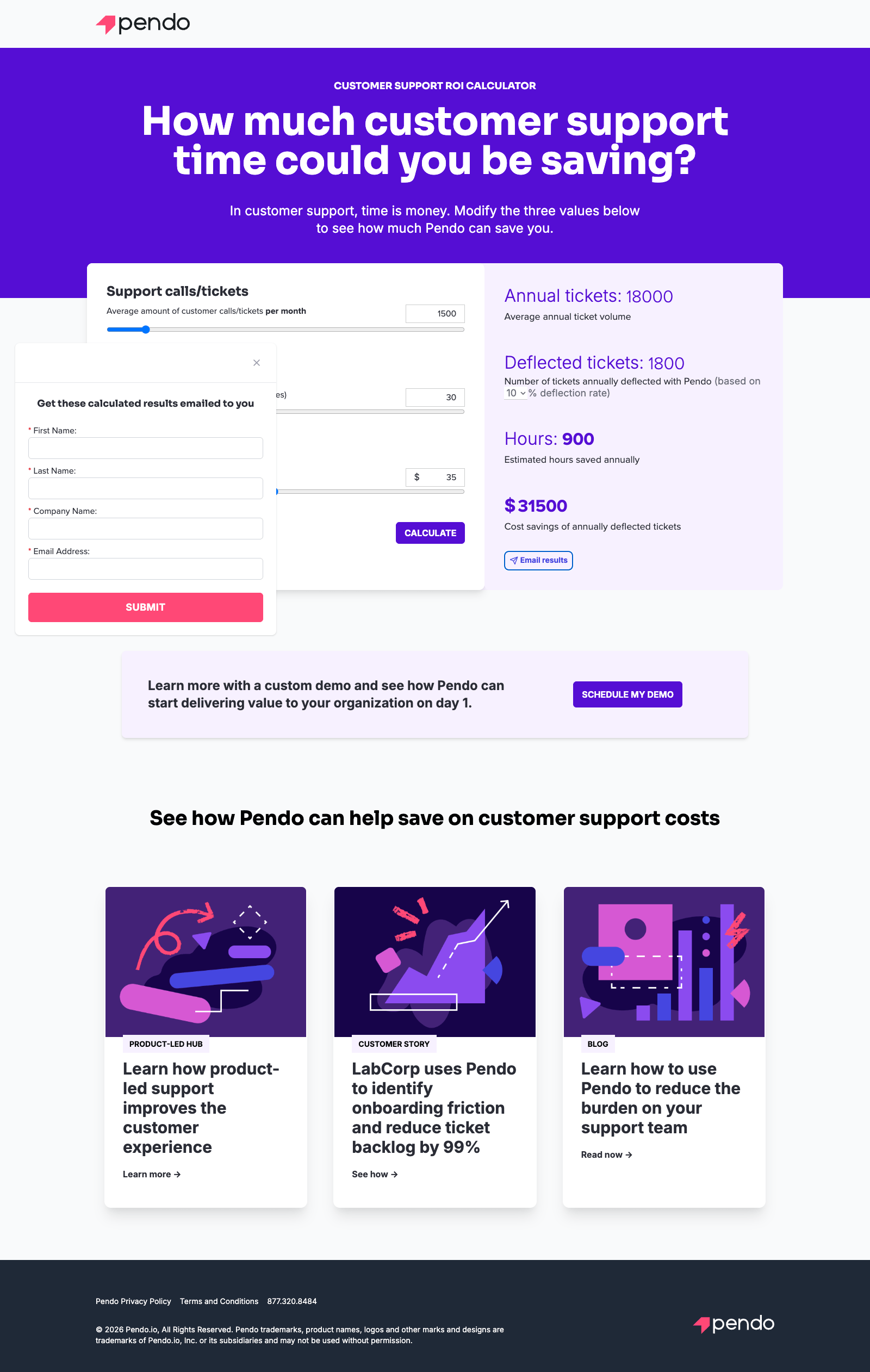 Screenshot of the Pendo Customer Support ROI Calculator landing page: a centered purple hero banner with uppercase eyebrow and headline "How much customer support time could you be saving?", an interactive two-column calculator card with sliders and dynamic metric outputs ($31,500 cost savings, 18,000 annual tickets), and an active popup modal form card overlaying the inputs with four required fields and a vibrant pink submit button.