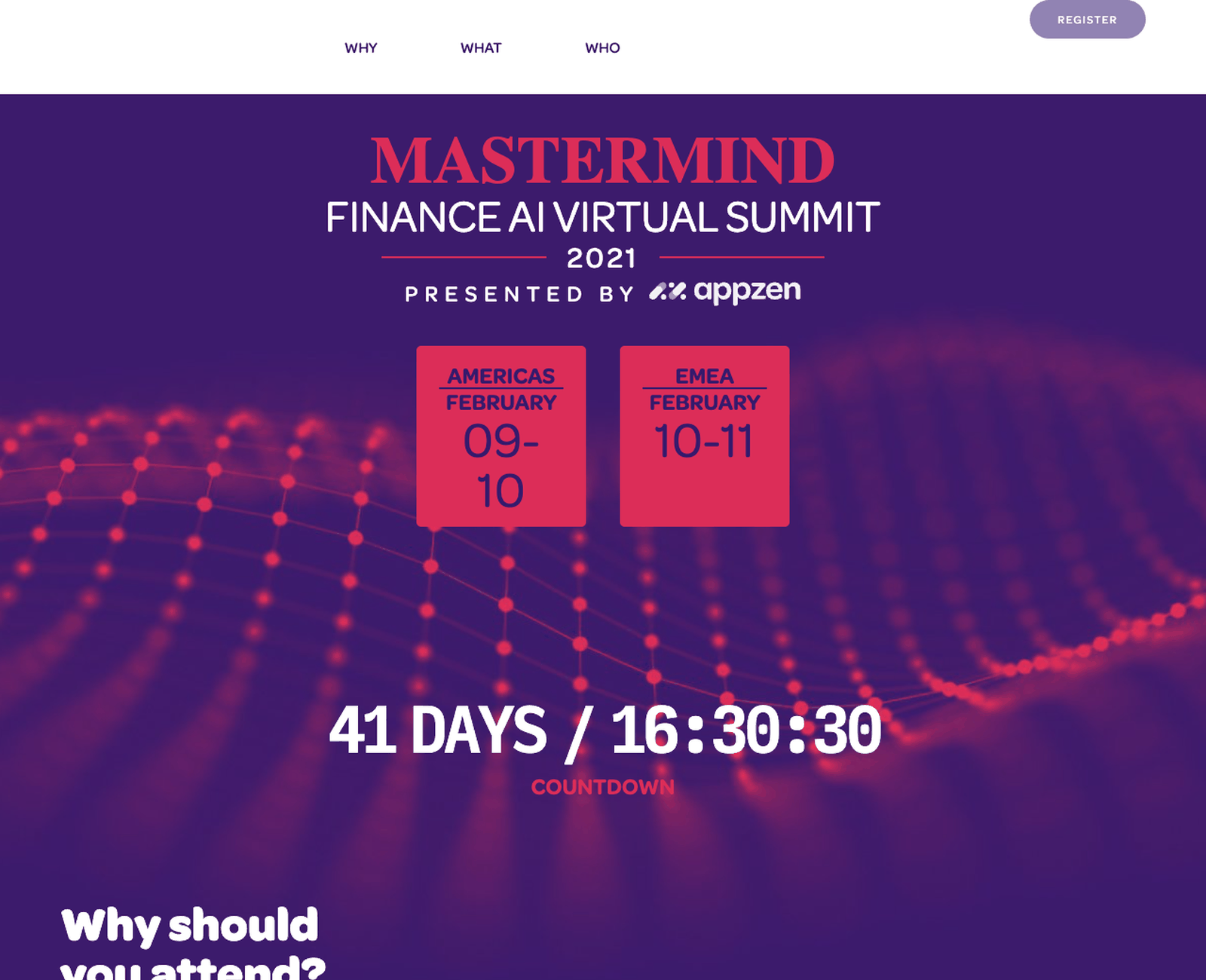 Screenshot of AppZen's Mastermind Summit event landing page on info.appzen.com, showing event branding, an agenda section, and a registration form built from the same modular template system used across AppZen's other campaign pages.