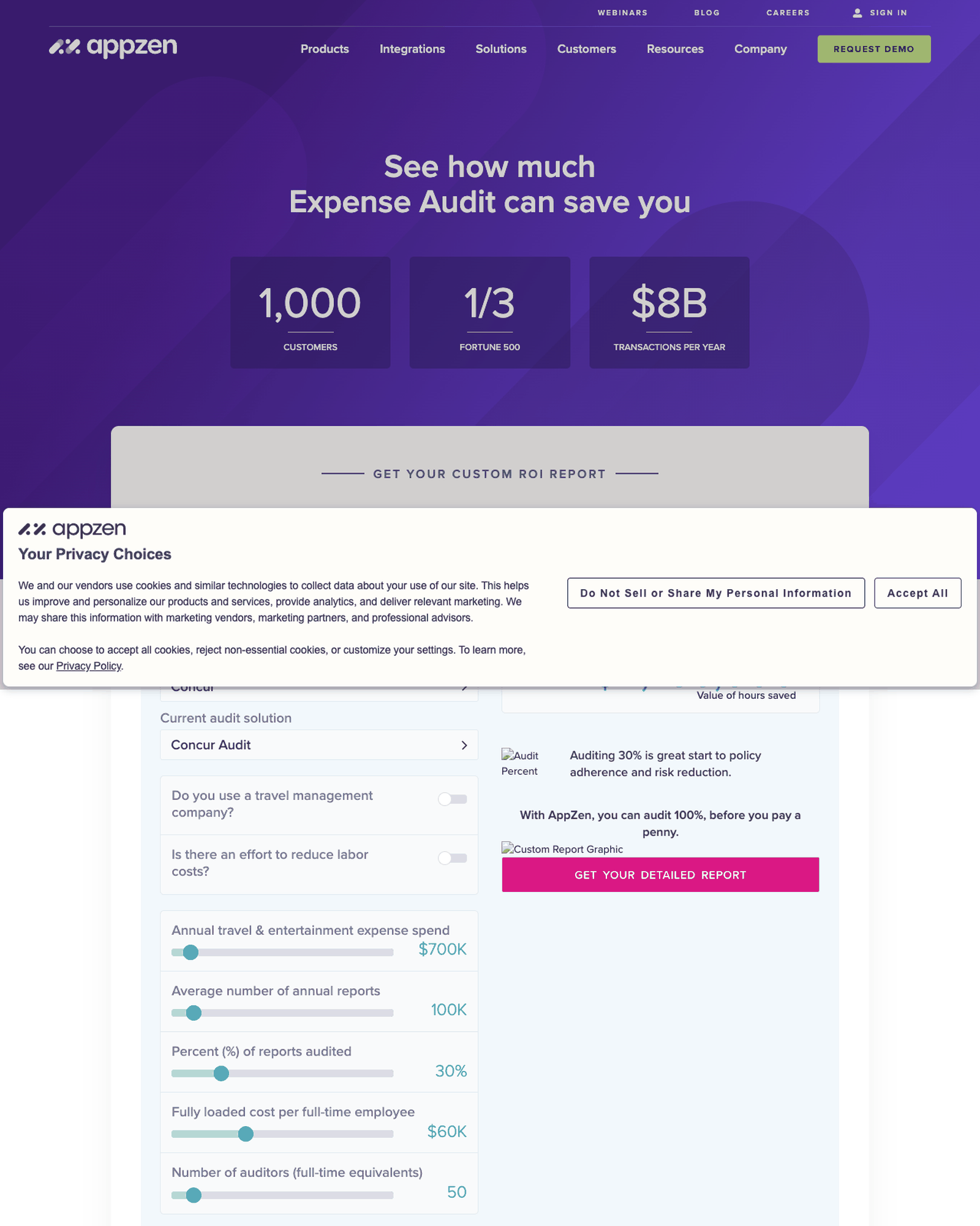 Screenshot of AppZen's ROI calculator landing page on info.appzen.com, showing an interactive slider-based tool with input fields on one side and a live-calculated output panel on the other.