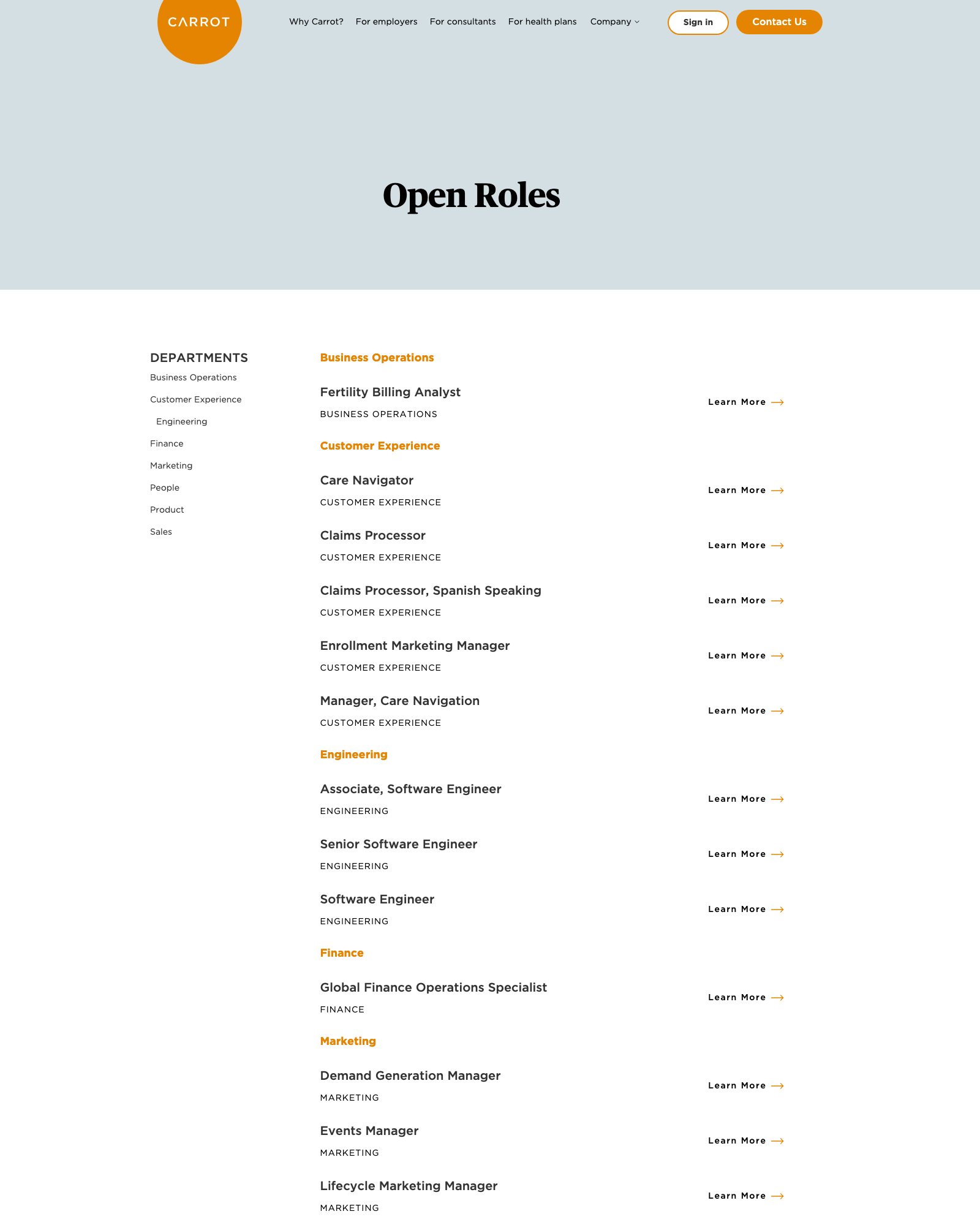 Archived screenshot of the Carrot open-roles page: a pale-blue hero headed "Open Roles" above a two-column layout with a Departments filter rail on the left and a job list grouped under department headings on the right, each listing showing a role title and a Learn More link.