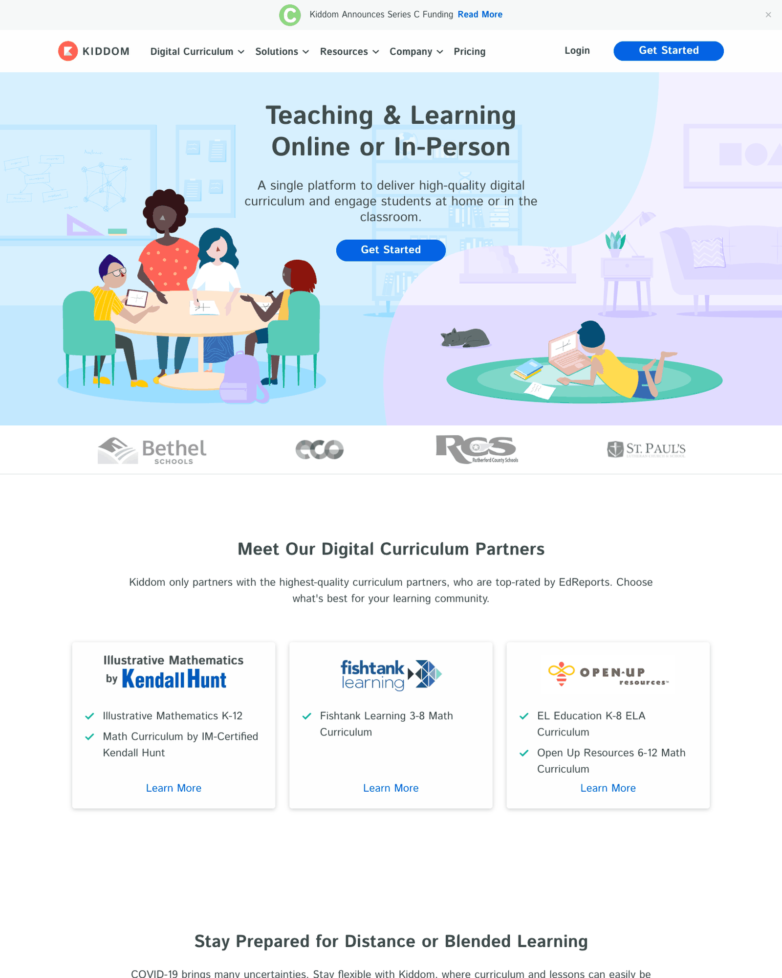Archived screenshot of the Kiddom marketing website homepage from September 2021, at the end of the engagement, showing the front-end structure and visual presentation after the component rebuild.