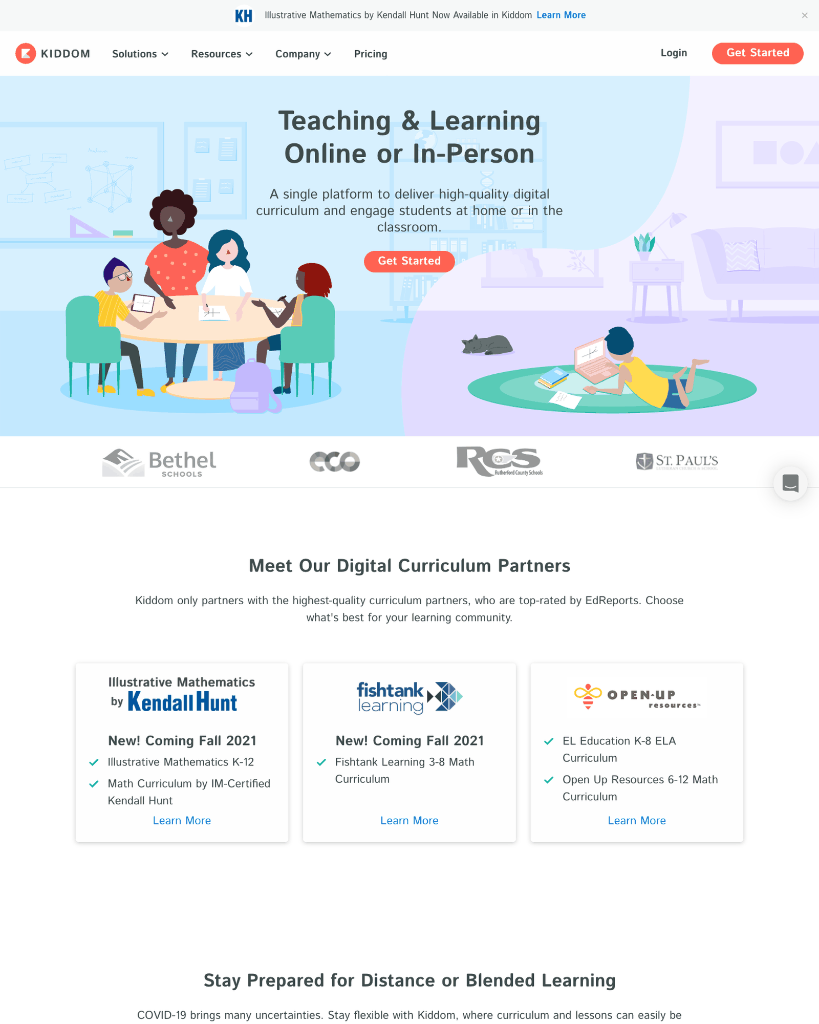 Archived screenshot of the Kiddom marketing website homepage as it looked in March 2021, before the engagement began, showing the pre-tenure hero section and navigation.