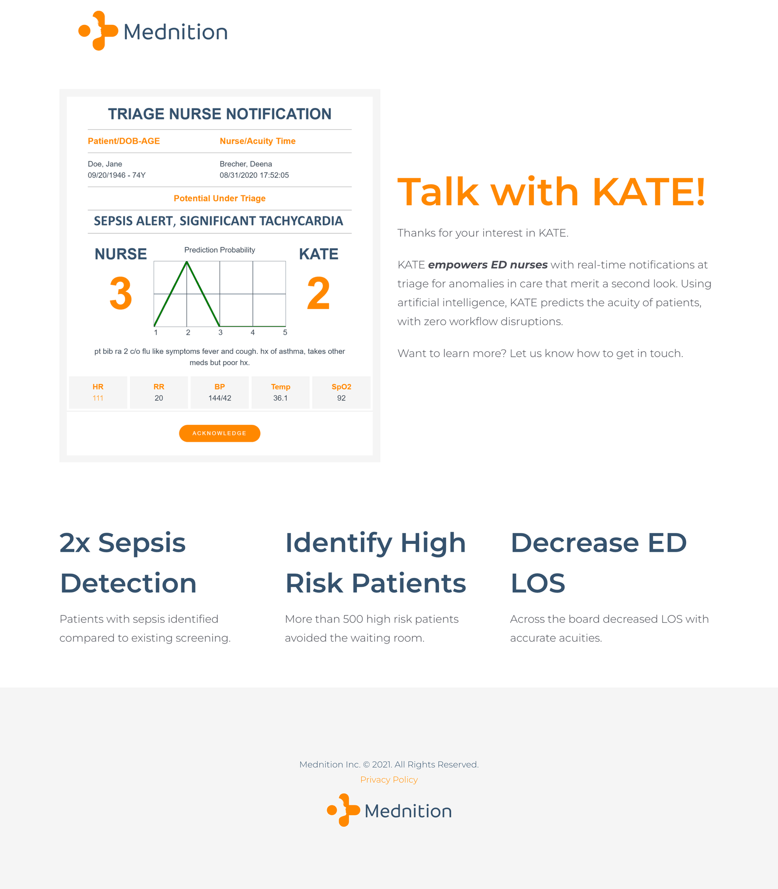 Archived screenshot of Mednition's KATE for ESI Acuity Assignment landing page as first captured in February 2021: a clinical hero heading, a supporting paragraph, and a HubSpot-built demo request form, styled in a restrained, clinical visual register.