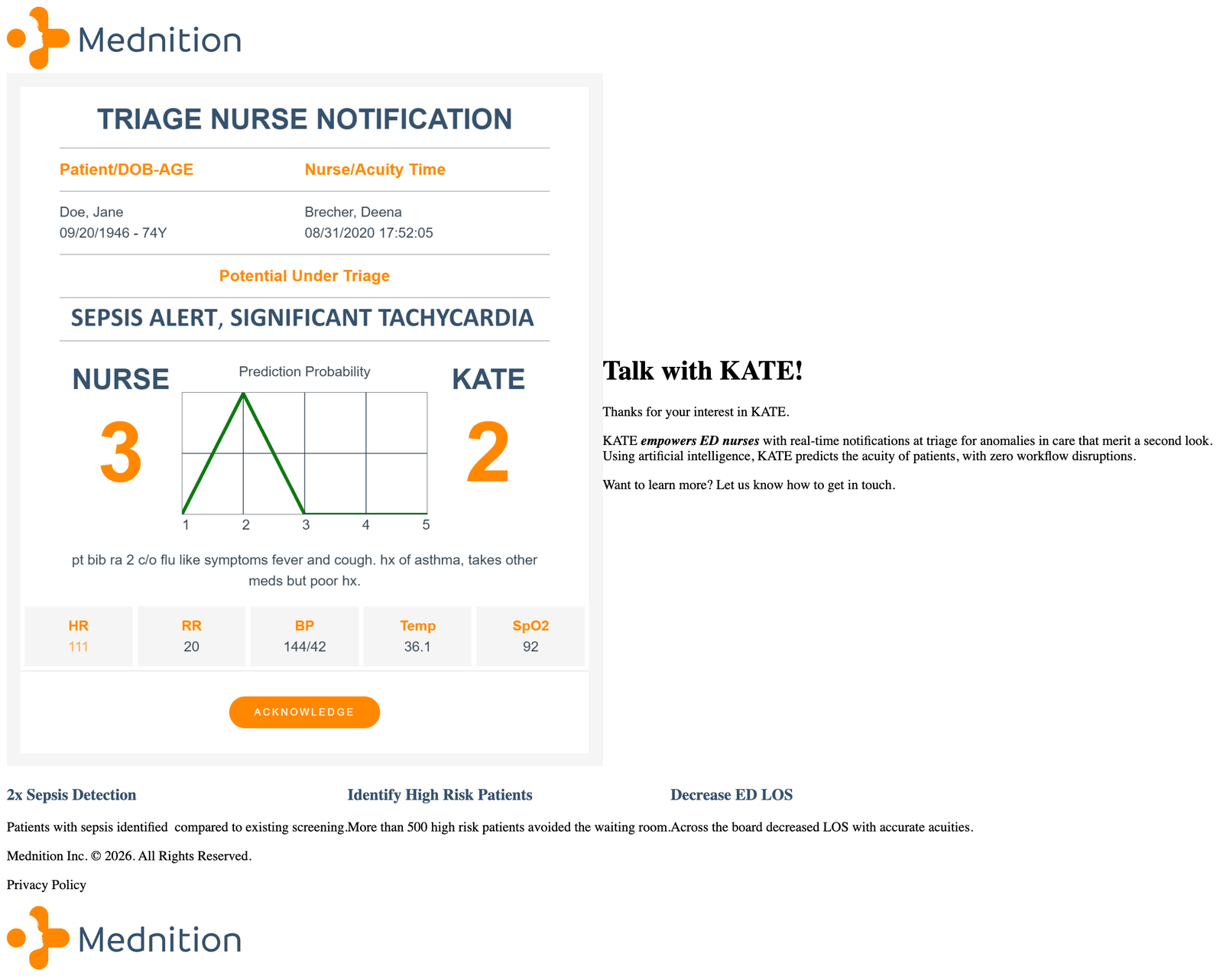 Archived screenshot of the same KATE for ESI Acuity Assignment landing page captured years later, showing the same structure, form, and layout still in production on Mednition's insights subdomain.