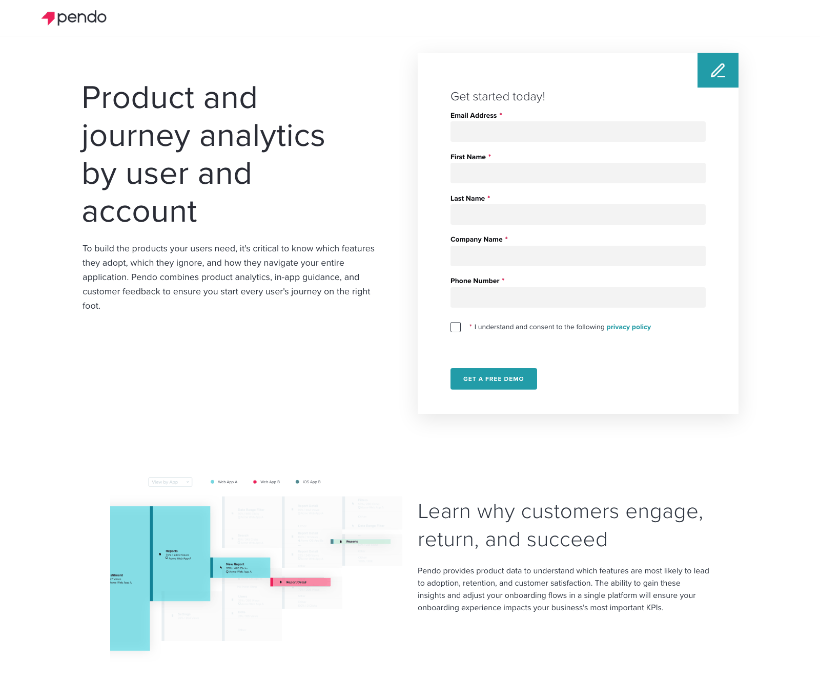Archived screenshot of an earlier, teal-accented Pendo demo-request landing page: a heading and paragraph on the left, a five-field form card headed "Get started today!" on the right, and below them a two-column section pairing a diagram with a heading and paragraph.
