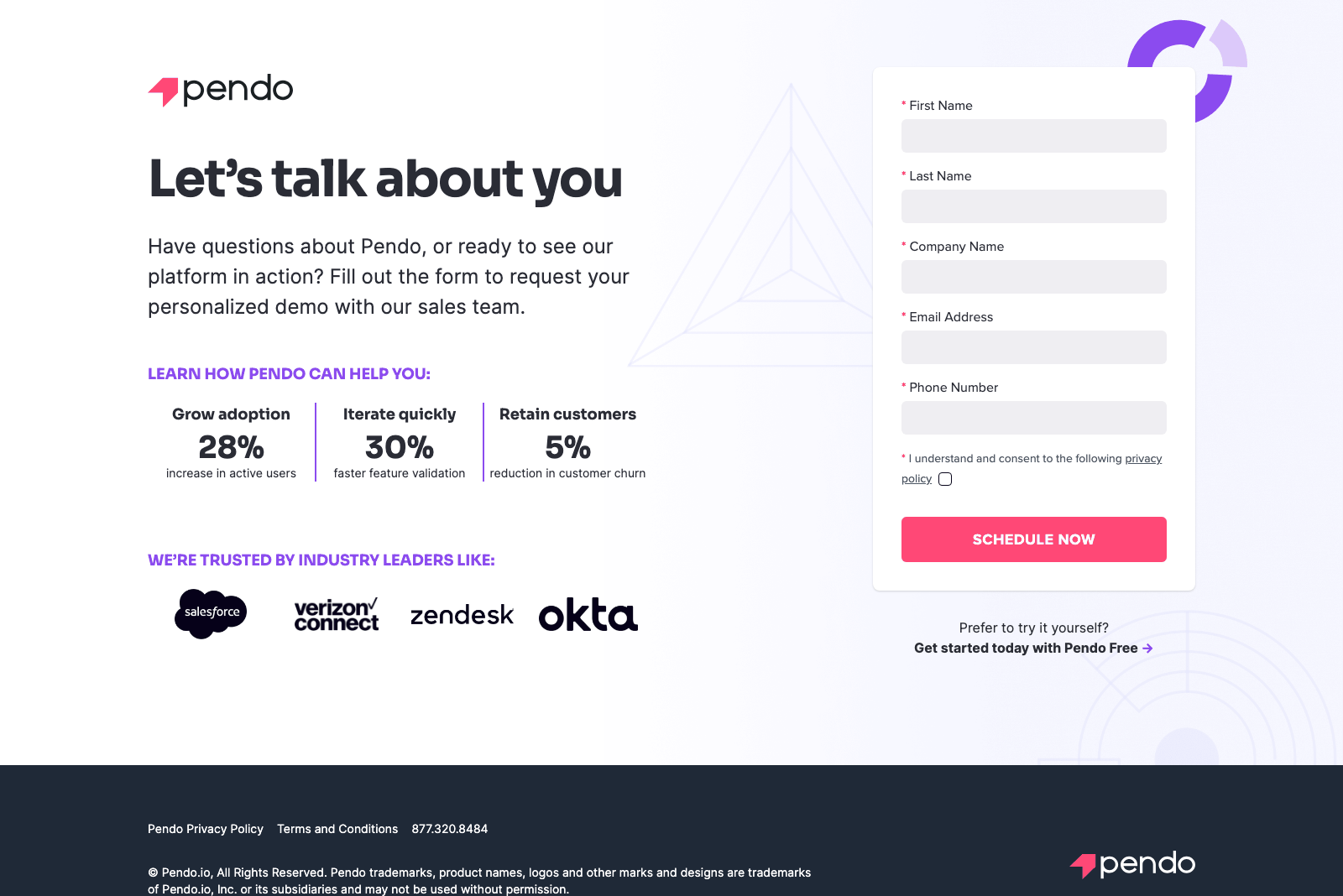 Archived screenshot of a Pendo demo-request landing page with no site navigation: a heading and paragraph on the left above a three-column statistics row and a row of four customer logos, and a five-field form card with a consent checkbox and submit button on the right.