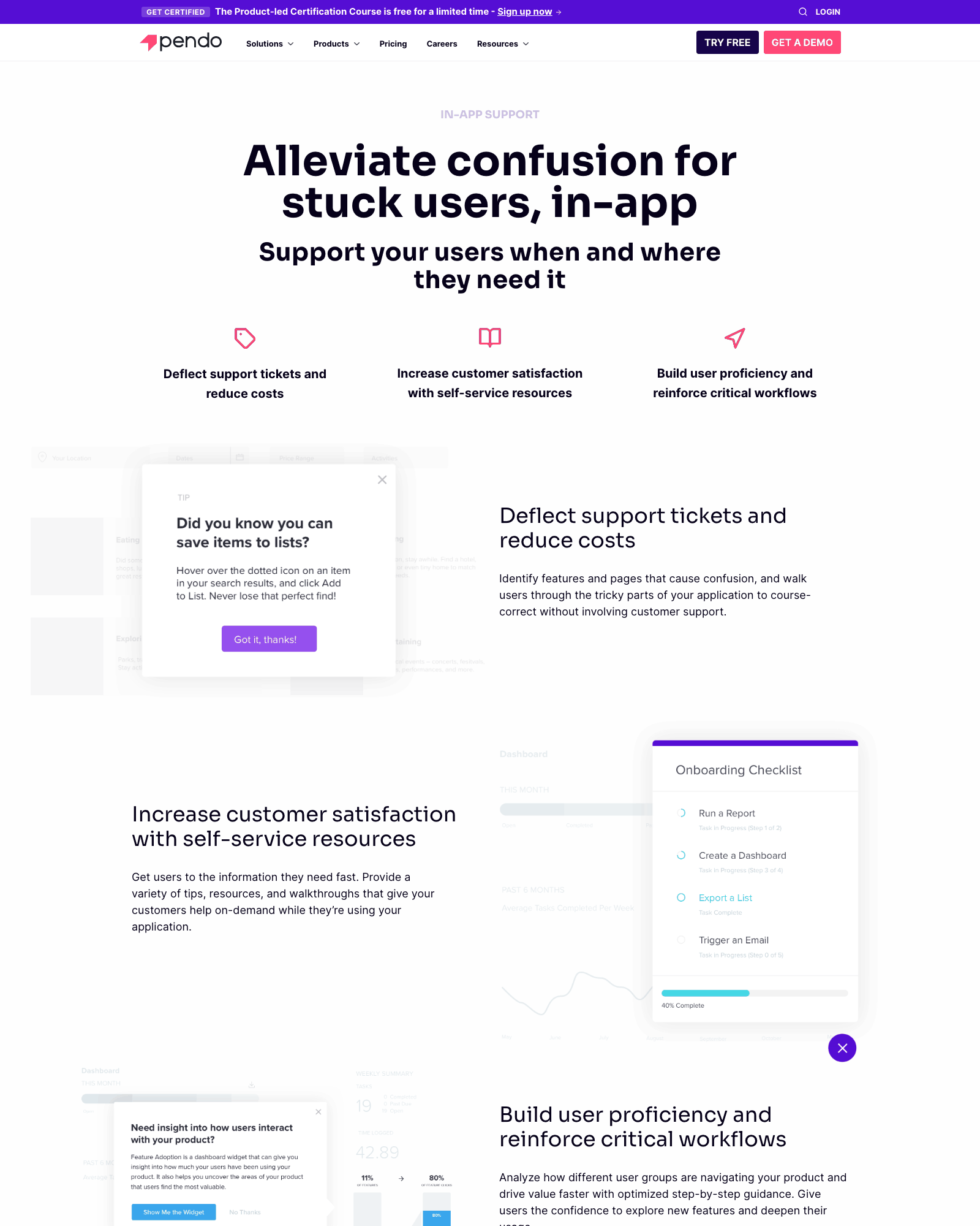 Archived screenshot of the Pendo in-app support product page: a centred hero, a three-column row of icons and labels, then alternating sections pairing a heading and paragraph with a screenshot of an in-product overlay.