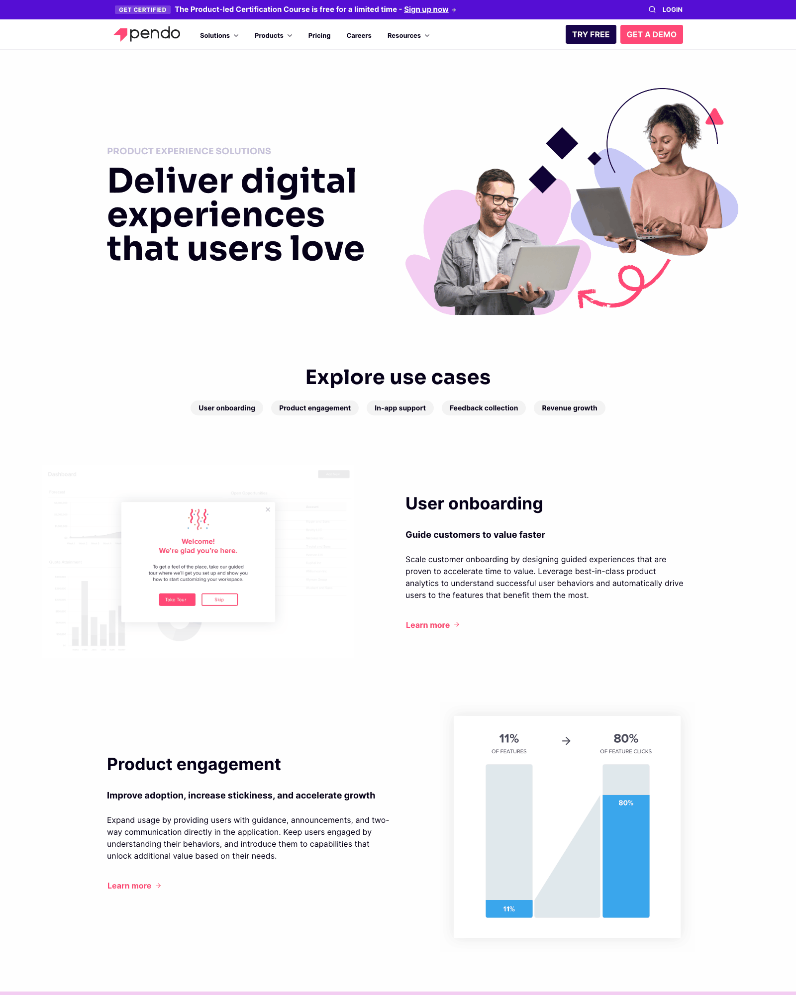 Archived screenshot of the Pendo product-experience hub: a hero heading over a cut-out photo collage, then a centred "Explore use cases" row of five pill tabs, then alternating two-column rows pairing a product screenshot with a heading, paragraph and link.
